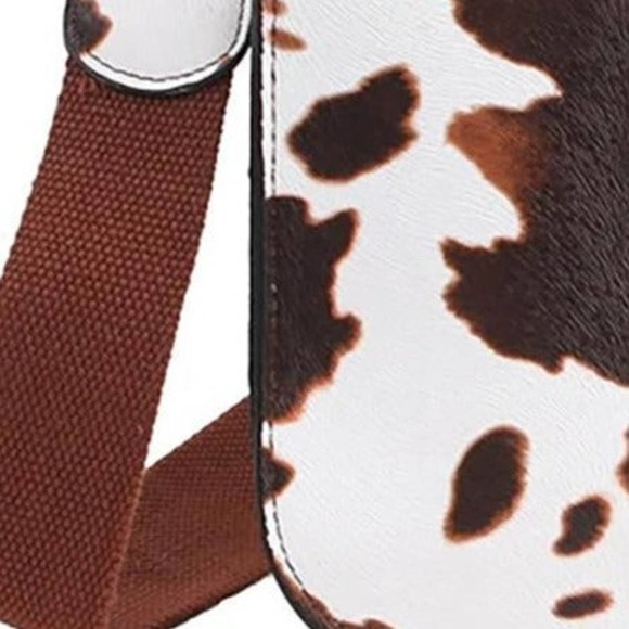Brown White Cow Print Vegan Leather Cross Body Bag Snap Latch Closure - Picture 2 of 2
